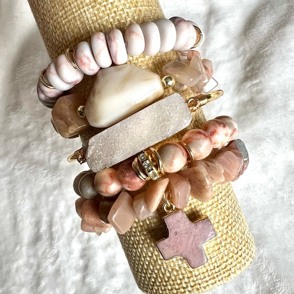 Pink Zebra Druzy Cross 5 Mala Bracelet Stack Set - Picture 6 of 6
